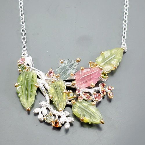 Multicolor 17ct Natural Tourmaline Necklace 925 Sterling Silver 17.75"/N24812