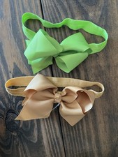 Set of 2 Fabric Bow Headbands for Baby - Green Beige, Large Bows