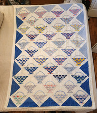 Vtg Flower Basket Quilt Handmade Hand Stitched 50 x 73 Blue Cottage Core Read 
