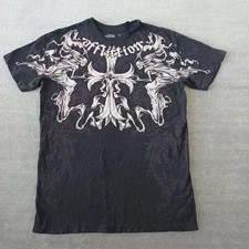 Y2K Affliction T-Shirt Men M Black AOP Gothic Cross Skeleton Lightweight Stretch