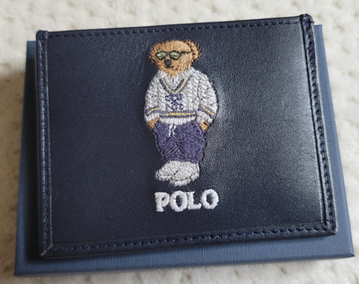 NWT Polo Ralph Lauren Embroidered BEAR Blue Leather Card Case GIFT