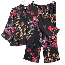 NATORI Pajama Set 2-Piece Oriental Design Black Polyester Top Bottoms High Neck