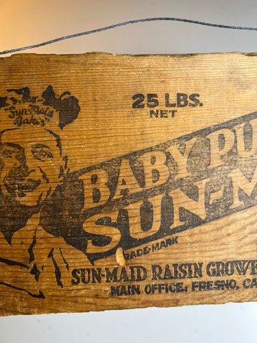 Antique Sun-Maid Baby Puffed Raisins Wooden Crate Sign Plaque Fresno California - Picture 3 of 14