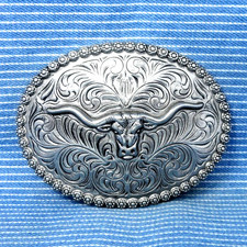 Classic Western Longhorn Steer Head Belt Buckle Cowboy Floral Scroll Vtg .CPA514