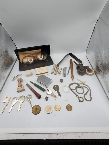 Grandpa’s Vintage Junk Drawer Lot Vtg Collectibles Zippo, coins, keys knives etc