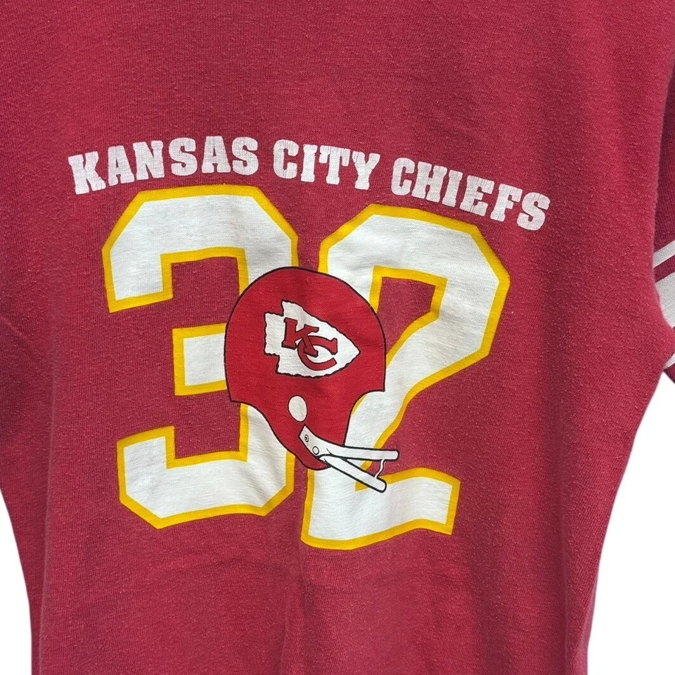 Vintage Kansas City Chiefs Football Ringer T-Shirt Champion Blue Bar 34" Chest - Image 2 of 4