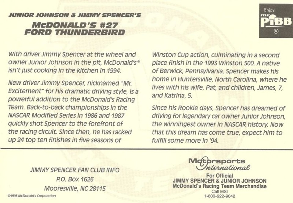 1993 JIMMY SPENCER #27 McDONALDS NASCAR POSTCARD SIGNED | eBay