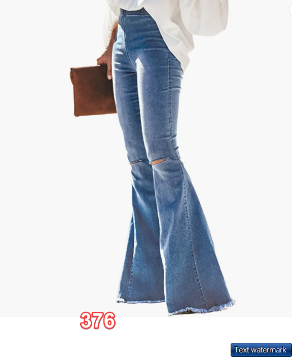 Sidefeel Women Destroyed Flare Jeans Elastic Waist Bell Bottom Raw Hem