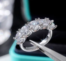 Silver Plated Simple 5 Stone Ring For Christmas Gift 4 Ct CZ Women Promise Ring