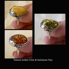 BALTIC BUTTERSCOTCH GREEN or HONEY AMBER STERLING SILVER LEAF HANDMADE RING