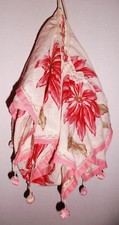 Antique LINGERIE BAG Pink Floral Cotton w Drawstring Pom Poms Travel or Closet