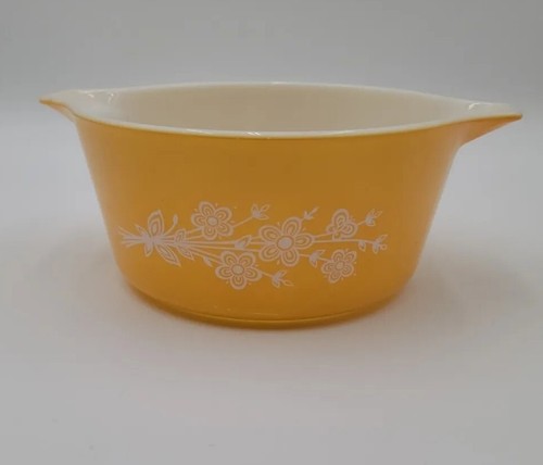 Pyrex Dish 474-B Butterfly Flower 1.5 Qt Round Casserole 1979 Yellow No ...