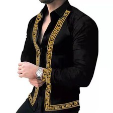 Button Up Shirt Black Gold Yellow Trim Solid Long Sleeve Casual Men Dress Party