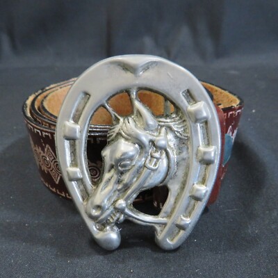 Vintage Pferdekopf & Hufeisen Gürtel mit verziertem Lederriemen Western Cowboy Stil