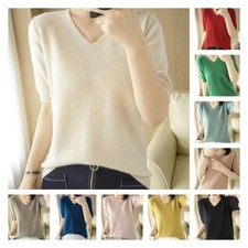 Women Short Sleeve Sweater Faux Cashmere Knitted Pullover Bottoming Shirt Slim