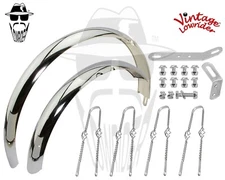 Vintage Lowrider 26" Classic Adj Balloon Chrome Fender Set Twisted Style Braces.