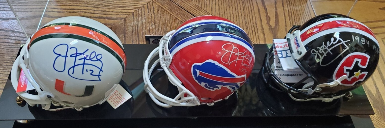Jim Kelly Autographed Signed Buffalo Bills (3) USFL Bills Miami Authentic Mini Helmets Tristar Case 