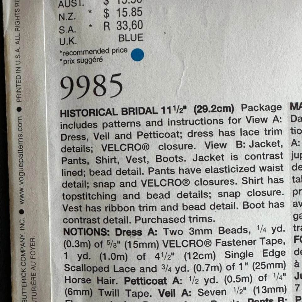 Vogue Craft Pattern 9985 11.5" Fashion Doll Clothes Historical Bridal 90s - Image 4 of 4