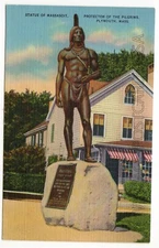 Statue of Massasoit in Plymouth MASSACHUSETTS Vintage Linen Postcard