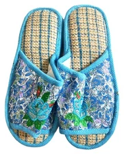 Aqua Floral Embroidered Shoe Slipper with Rubber Sole Size Large