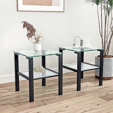 End Table Set of 2 Modern Tempered Glass Side Table with Shelf and Metal Legs