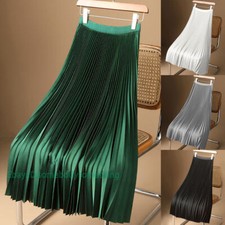 Women Long Pleated Skirt Shiny Elastic High Waist Solid Midi Party Dress Elegant