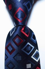 New Classic Checks Dark Blue Red White JACQUARD WOVEN Silk Men's Tie Necktie