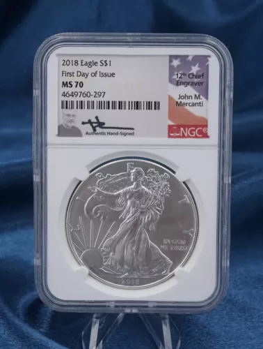 2018 American Eagle Silver Coin MS70 NGC 1st Day 1ozt 999 Signed Mercanti CN803