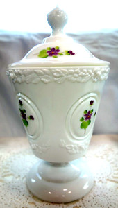 FENTON"80% SALE"MINT"VIOLETS"in"SNOW"8.5"CANDY JAR"HND PAINT~VINTAGE~GLASS~70's