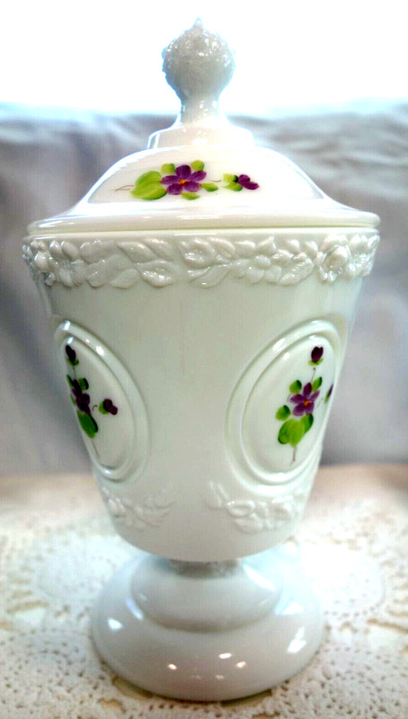 FENTON"80% SALE"MINT"VIOLETS"in"SNOW"8.5"CANDY JAR"HND PAINT~VINTAGE~GLASS~70's