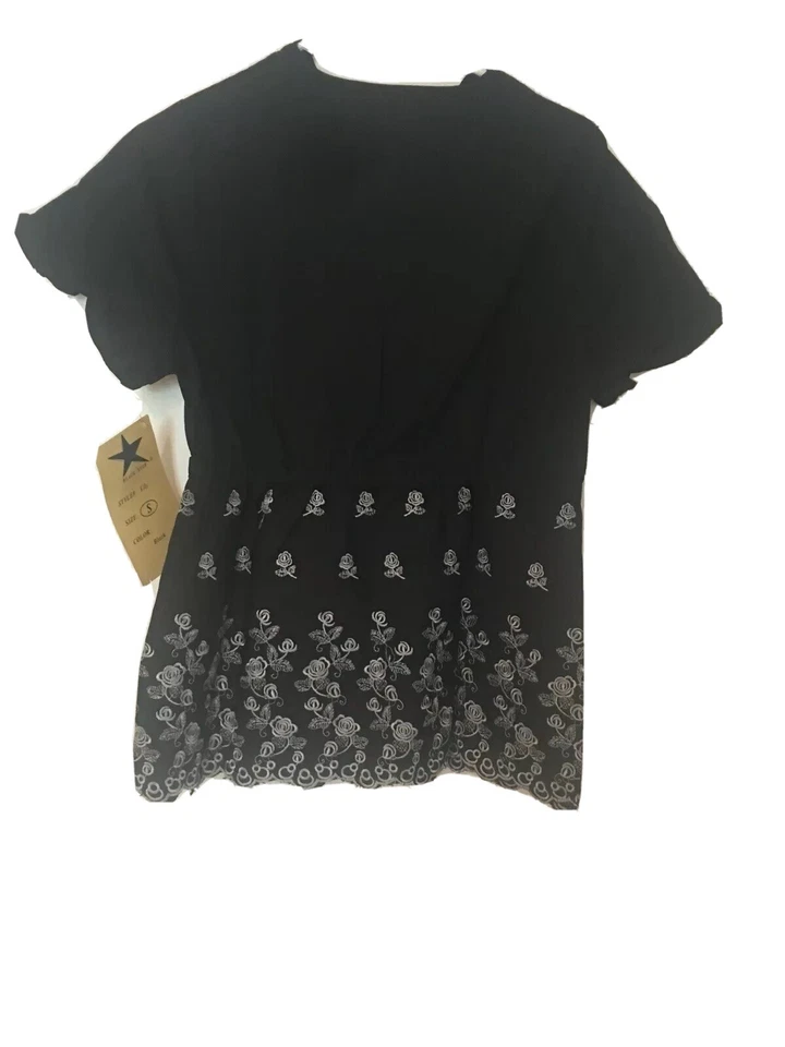 Medical Uniform Small Women Top Black Star Embroidered Black Cotton Blend NWT - Image 2 of 4