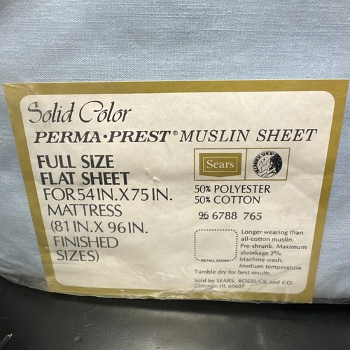 Vintage Sears Perma Prest Muslin Solid Full Size Flat Sheet Sky Blue NOS New - Picture 2 of 5