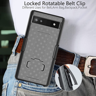For Google Pixel 6a - Black Holster Swivel Belt Clip Hard Slim Combo Case Cover
