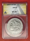 1892 P Morgan Silver Dollar, ANACS graded VF35. Better Date.