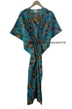 Women Cotton Turquoise Summer Sleepwear Beach Cover Jungle Print Caftan Dress
