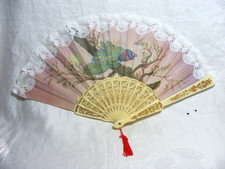 Vintage Hand Fan Gold-Toned Accented Cream Plastic Red Tassel Peacock Design F-2