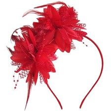 YAXAMING Fascinators Hat Pearl Flower Mesh Veil Feather Headband 1920s Red
