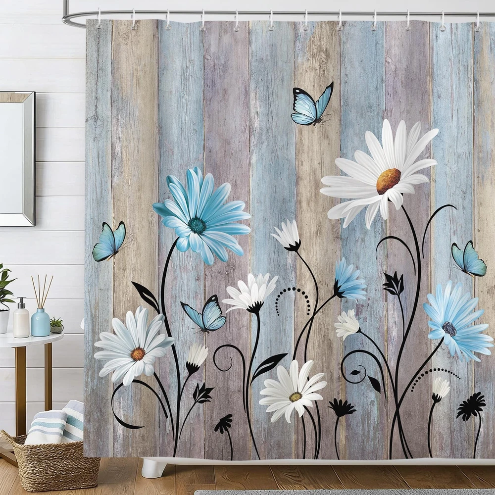 Rustic Farmhouse Floral Long Shower Curtain Blue Daisy