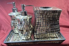 4-Pc Glass Mosaic Bathroom Accessory Set Brown Gold Silver Soap Dispenser Tray