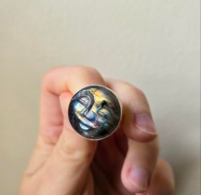 Artisan Made Rainbow Labradorite Moon Face Ring Sterling Silver