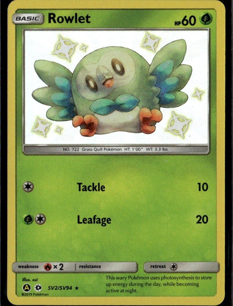 Rowlet Shiny Holo Rare Hidden Fates: Shiny Vault SV2/SV94 Grass Holofoil Pokemon