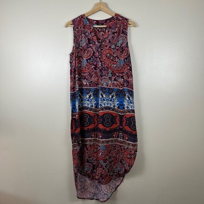 Cupio Women's S/P High-Low Dress Burgundy Paisley Boho Sleeveless