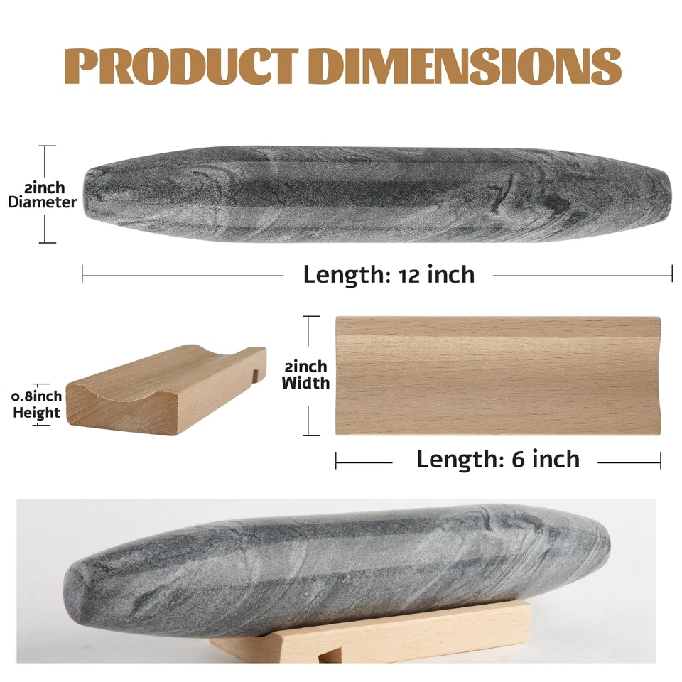 12 in Natural Grey Marble French Rolling Pin Non-Stick Baking Tool | Unique Gift - Image 2 of 4