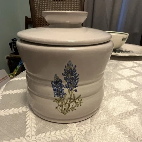 Frankoma Ceramic Jar 26G with Handle Lid White Blue Floral Glossy Finish