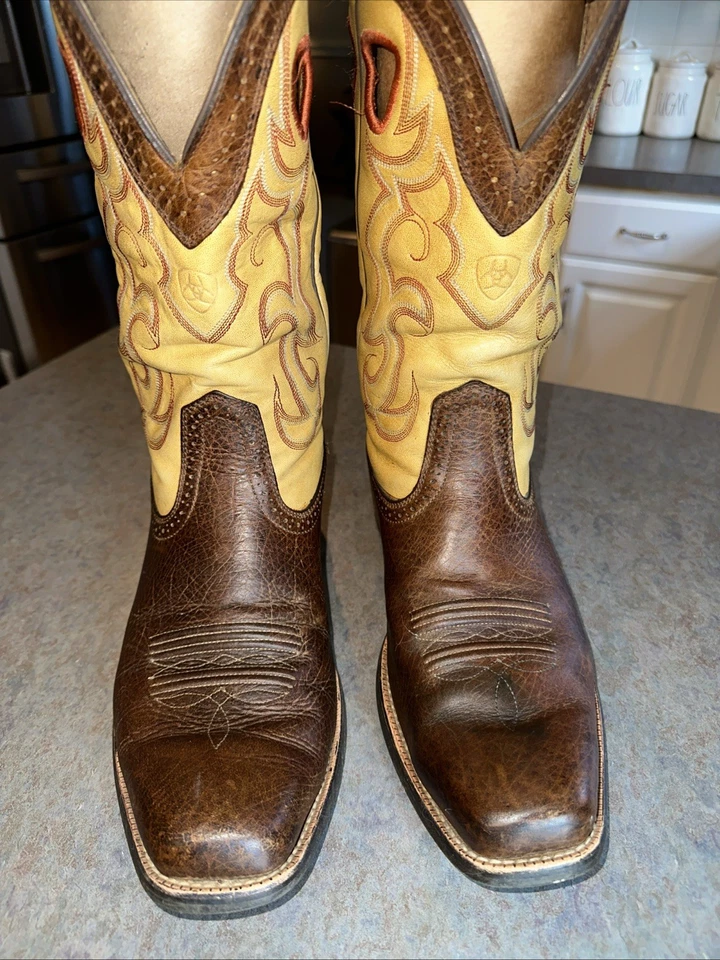 BOTAS VAQUERAS AARIAT CUERO CRUDO MARRÓN Y AMARILLO PUNTA CUADRADA #10006864 PARA HOMBRE 11D Foto 3 de 4