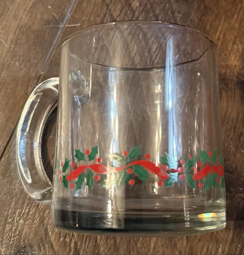 Vintage Libbey Christmas Holly Berry Ribbon Coffee Cup