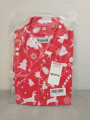 Walsilk Christmas Hawaiian Button Up Short Sleeve Shirt Red M Size