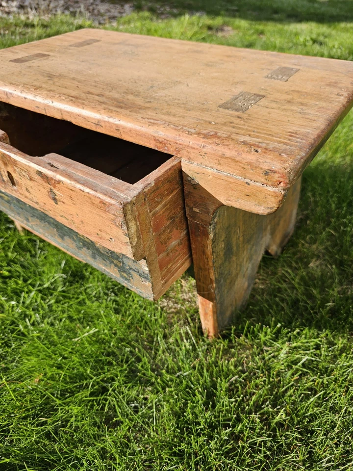 Antique American Lancaster Co PA Primitive Painted Mortise Footstool W Drawer - Image 3 of 4