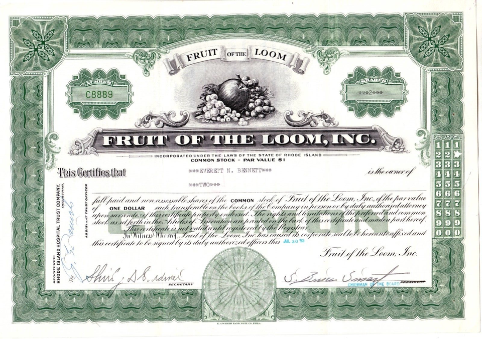 Lot of 4 Fruit of the Loom Stock Certificates 100 Total eBay