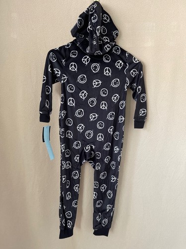 Art Class Black Smiley / Peace Print Fuzzy Hooded Zip-Front No-Feet Pajamas - XL - Picture 8 of 12